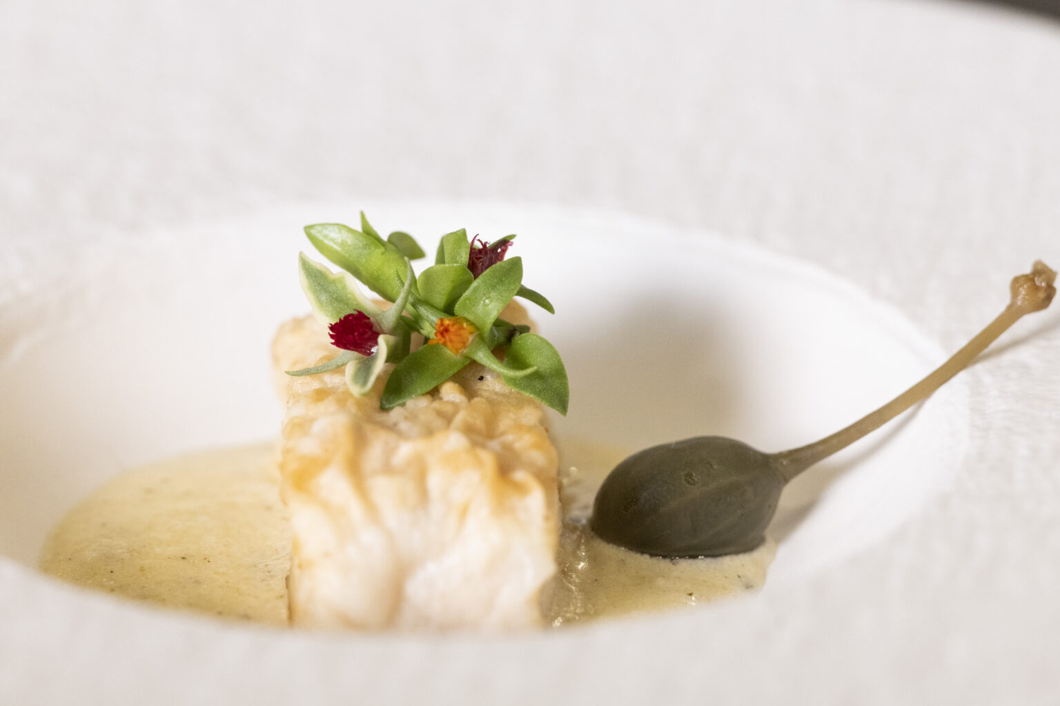 A plated course with a caper berry